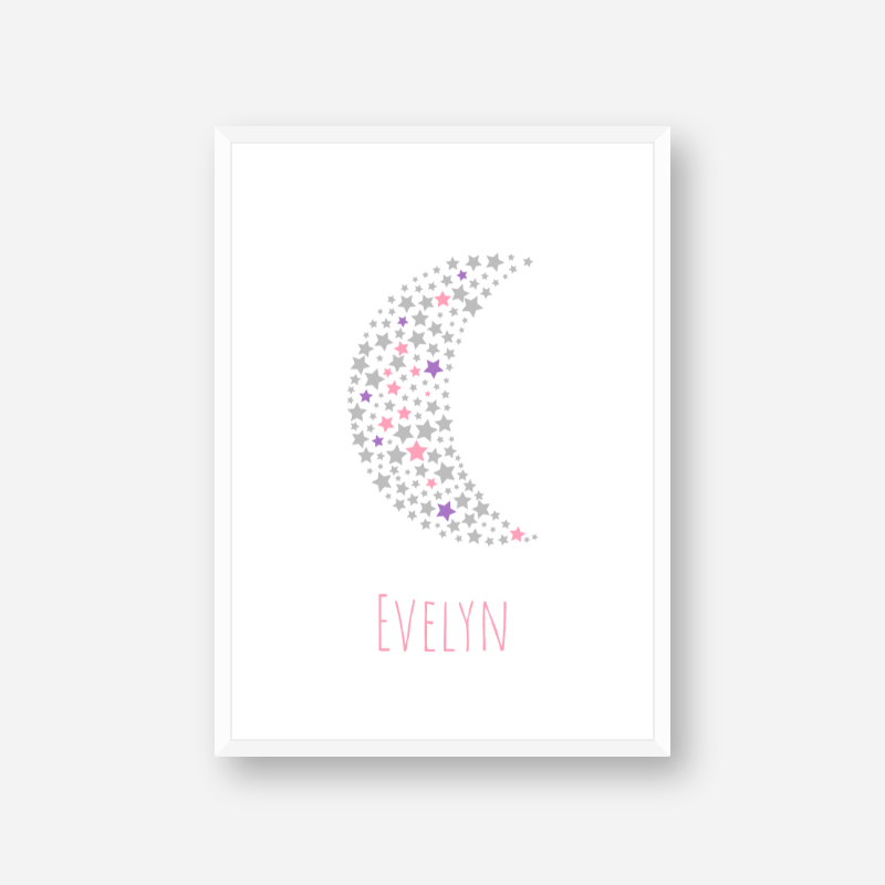 Evelyn name printable nursery baby room kids room artwork with grey pink and purple stars in moon shape