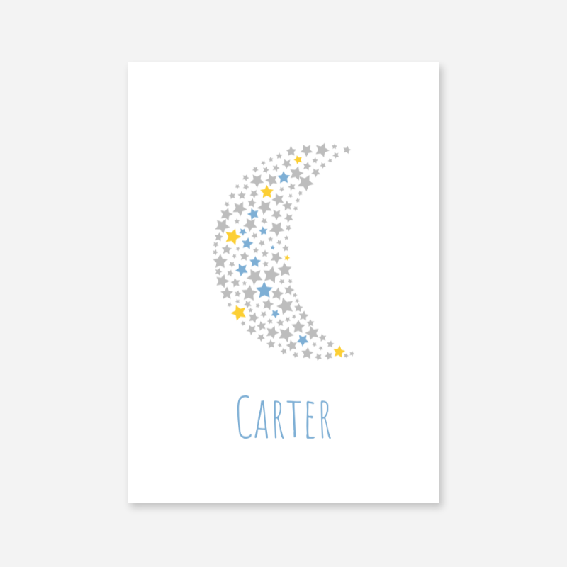 Carter name printable nursery baby room kids room artwork with grey yellow and blue stars in moon shape