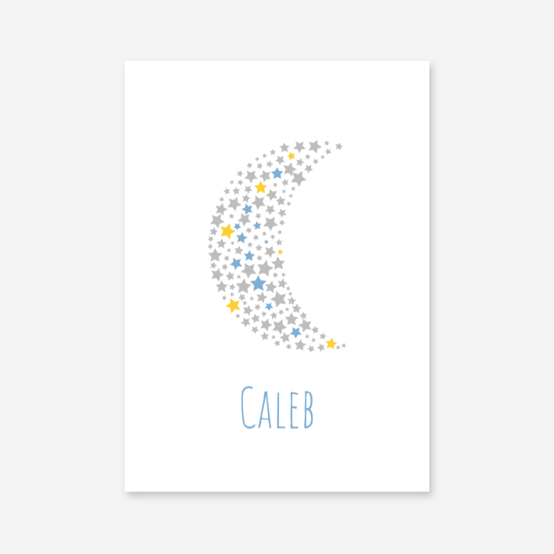 Caleb name printable nursery baby room kids room artwork with grey yellow and blue stars in moon shape