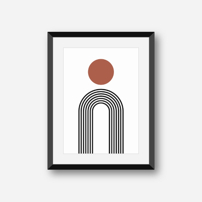 Red circle with black rainbow fountain style lines geometric minimalist downloadable free printable wall art, digital print