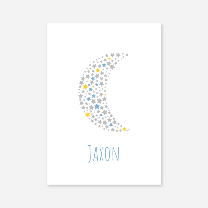 Jaxon name printable nursery baby room kids room artwork with grey yellow and blue stars in moon shape