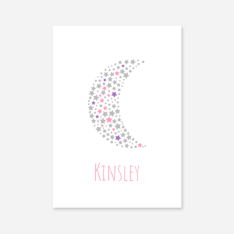 Kinsley name printable nursery baby room kids room artwork with grey pink and purple stars in moon shape
