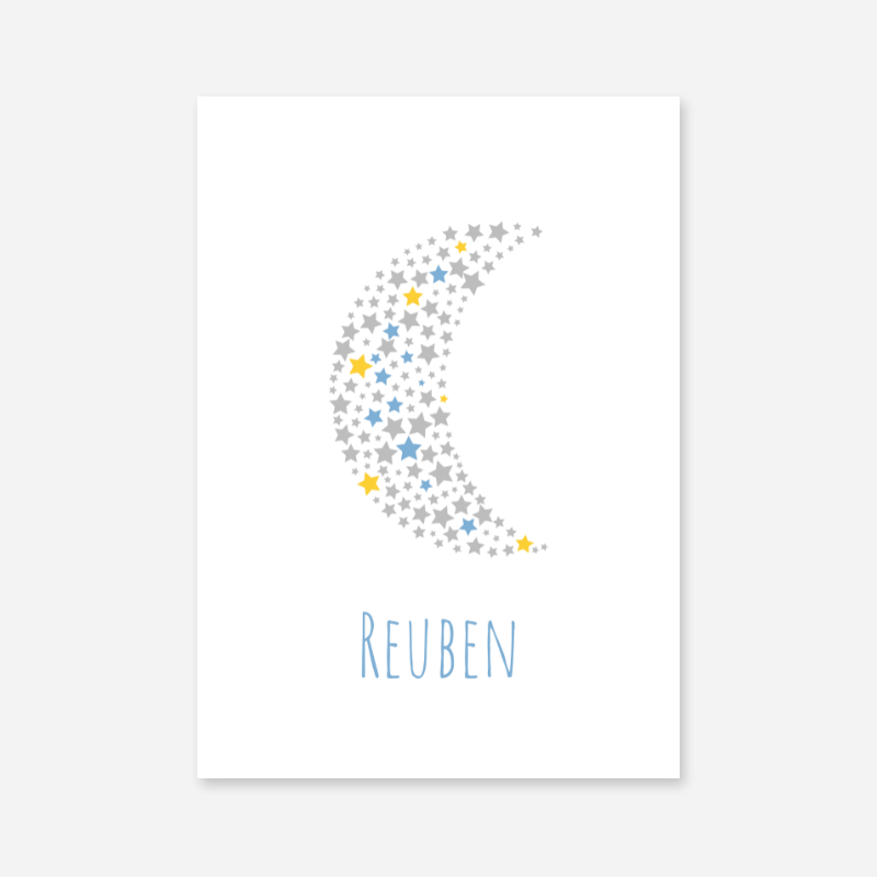 Reuben name printable nursery baby room kids room artwork with grey yellow and blue stars in moon shape