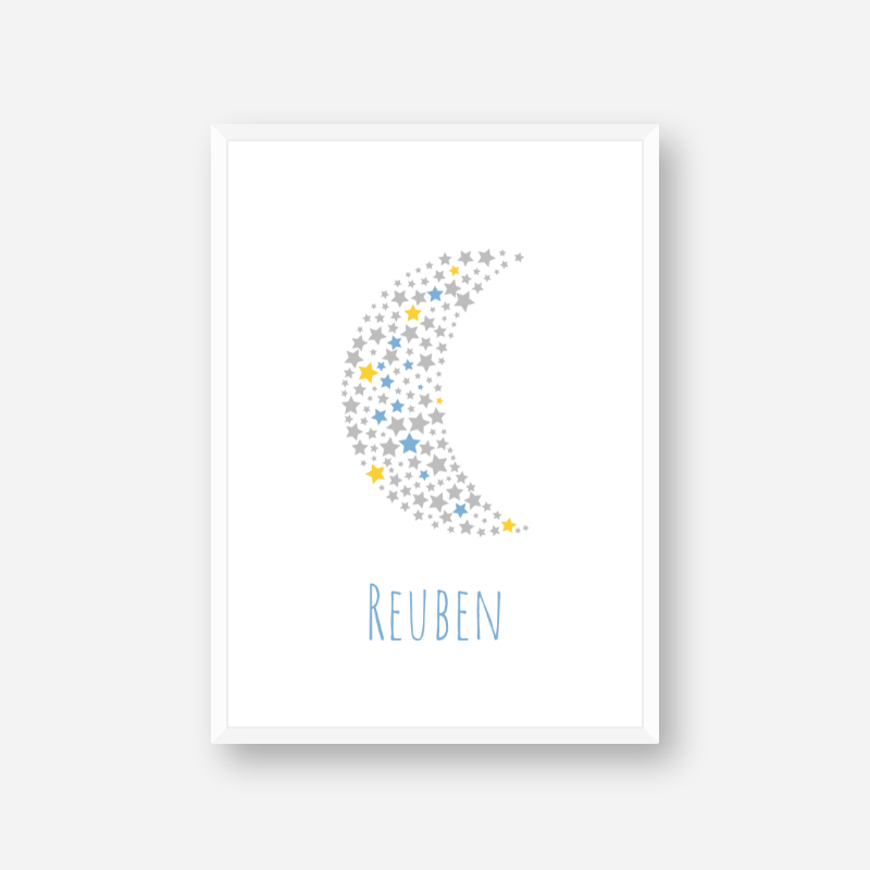 Reuben name printable nursery baby room kids room artwork with grey yellow and blue stars in moon shape