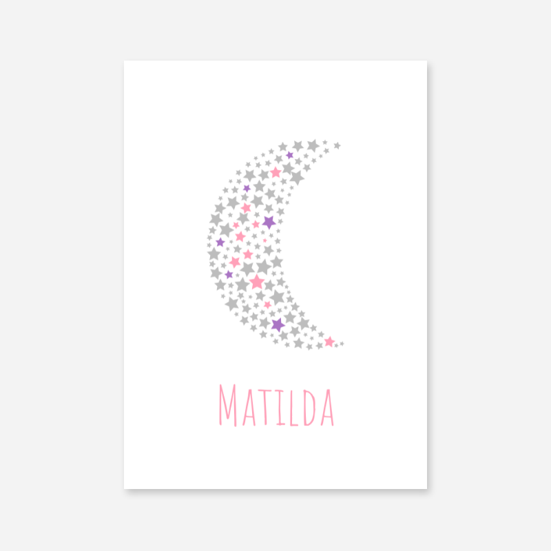 Matilda name printable nursery baby room kids room artwork with grey pink and purple stars in moon shape