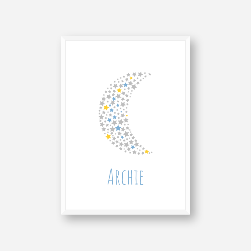 Archie name printable nursery baby room kids room artwork with grey yellow and blue stars in moon shape