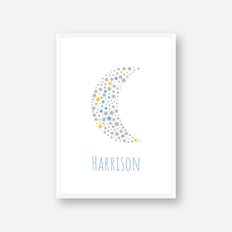 Harrison name printable nursery baby room kids room artwork with grey yellow and blue stars in moon shape