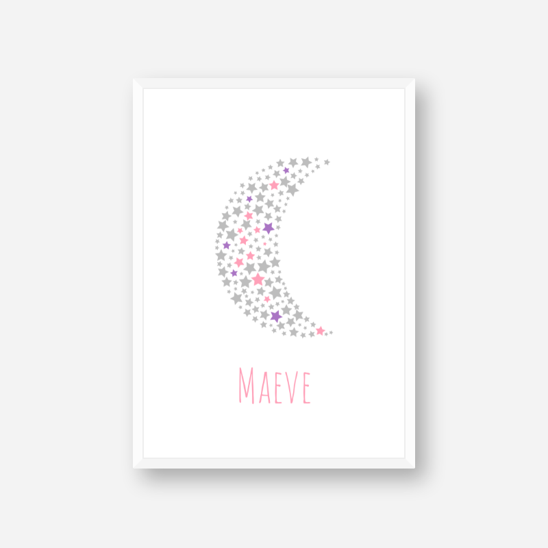 Maeve name printable nursery baby room kids room artwork with grey pink and purple stars in moon shape