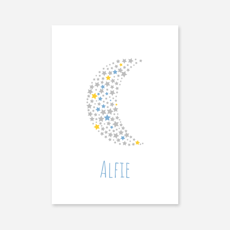 Alfie name printable nursery baby room kids room artwork with grey yellow and blue stars in moon shape