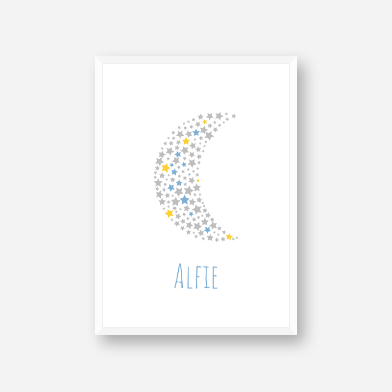 Alfie name printable nursery baby room kids room artwork with grey yellow and blue stars in moon shape