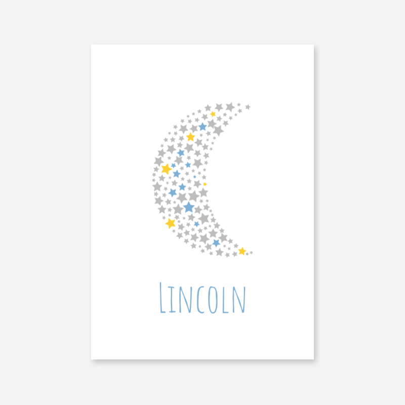 Lincoln name printable nursery baby room kids room artwork with grey yellow and blue stars in moon shape