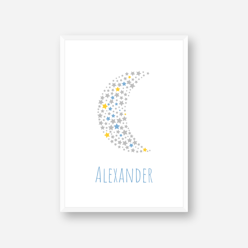 Alexander name printable nursery baby room kids room artwork with grey yellow and blue stars in moon shape