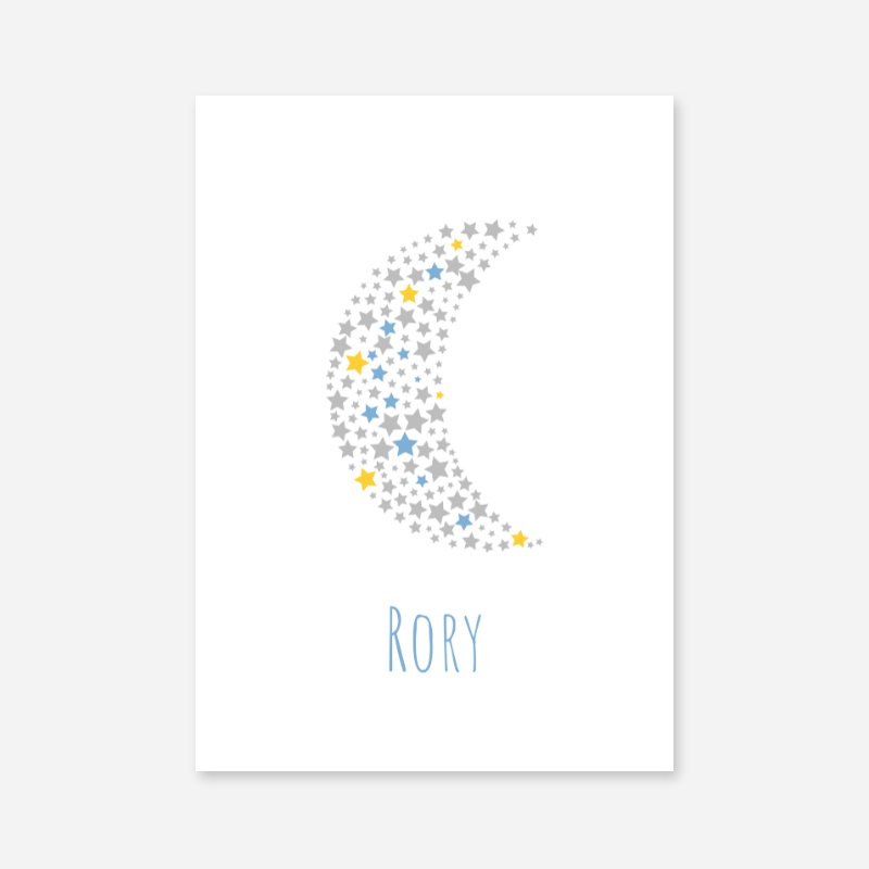 Rory name printable nursery baby room kids room artwork with grey yellow and blue stars in moon shape