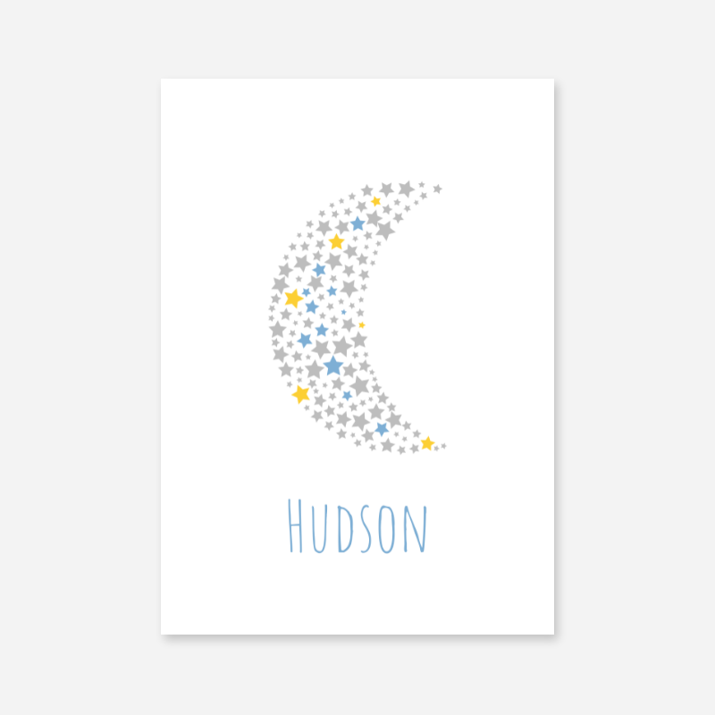Hudson name printable nursery baby room kids room artwork with grey yellow and blue stars in moon shape