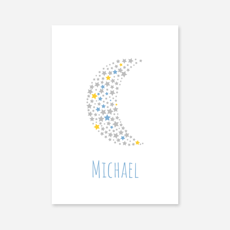 Michael name printable nursery baby room kids room artwork with grey yellow and blue stars in moon shape