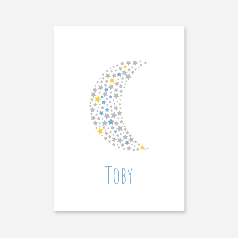 Toby name printable nursery baby room kids room artwork with grey yellow and blue stars in moon shape