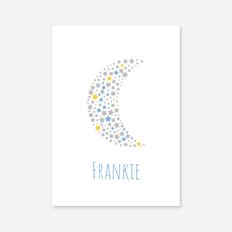 Frankie name printable nursery baby room kids room artwork with grey yellow and blue stars in moon shape