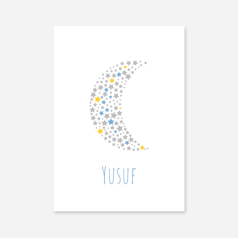 Yusuf name printable nursery baby room kids room artwork with grey yellow and blue stars in moon shape