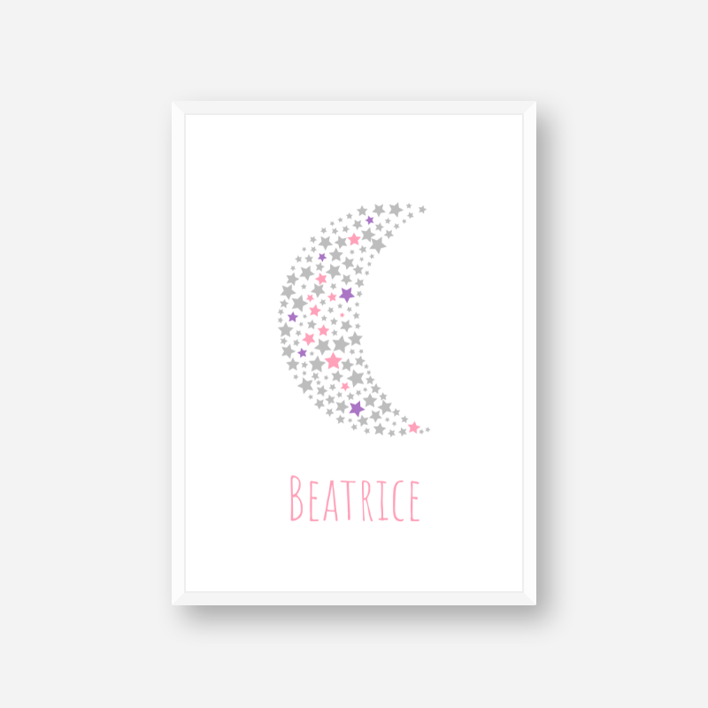 Beatrice name printable nursery baby room kids room artwork with grey pink and purple stars in moon shape