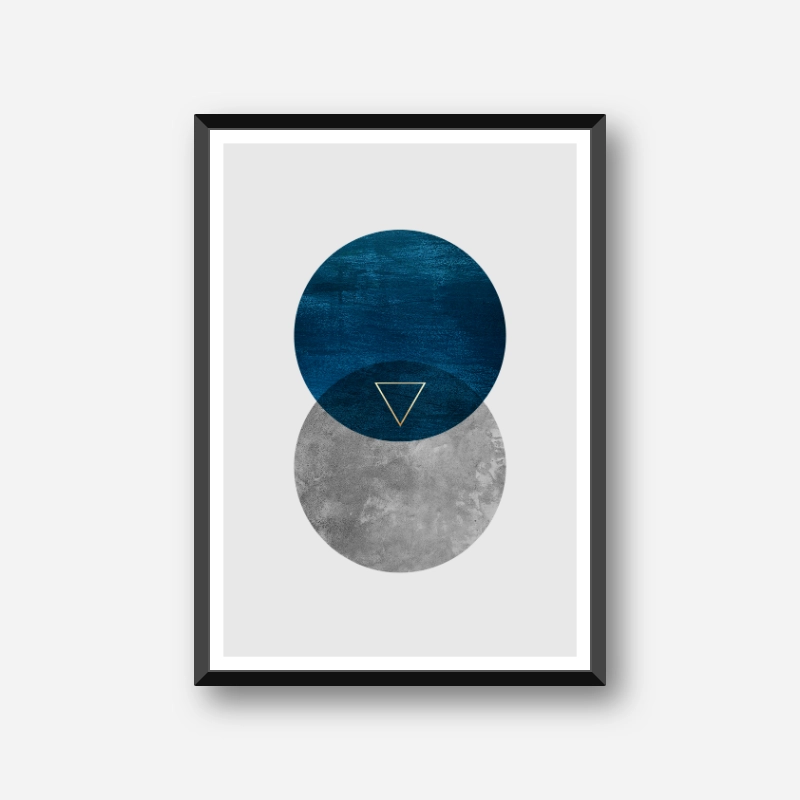 Two moon circles with blue velvet and concrete texture and golden triangle downloadable free printable wall art, digital print