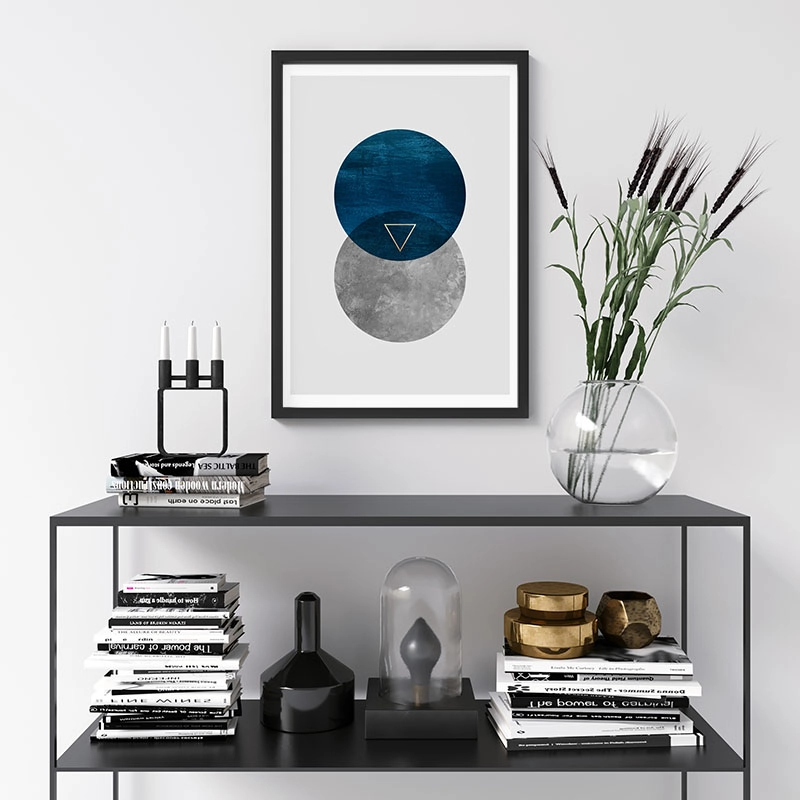 Two moon circles with blue velvet and concrete texture and golden triangle downloadable free printable wall art, digital print