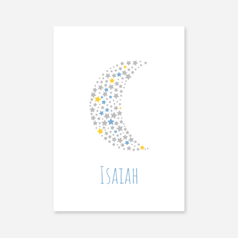 Isaiah name printable nursery baby room kids room artwork with grey yellow and blue stars in moon shape