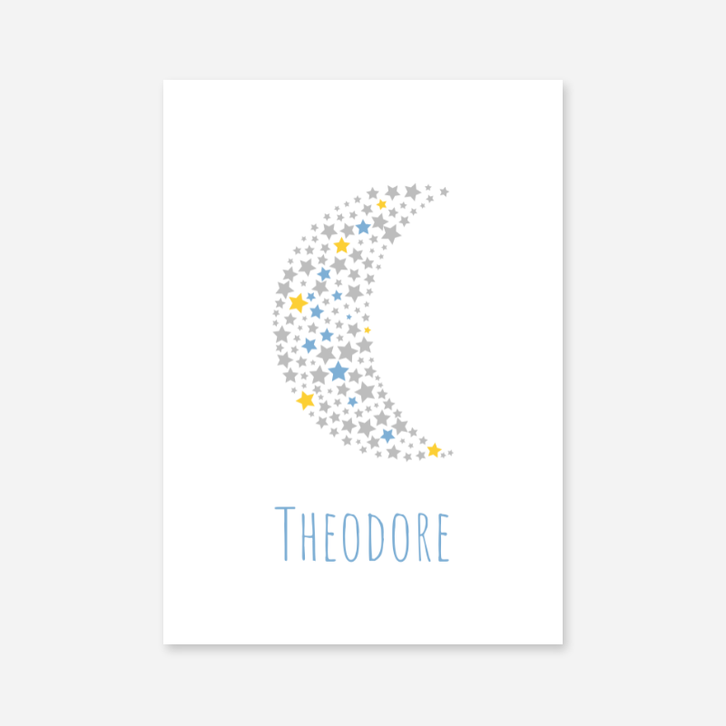 Theodore name printable nursery baby room kids room artwork with grey yellow and blue stars in moon shape
