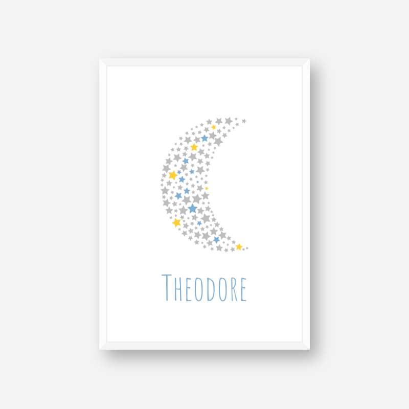 Theodore name printable nursery baby room kids room artwork with grey yellow and blue stars in moon shape