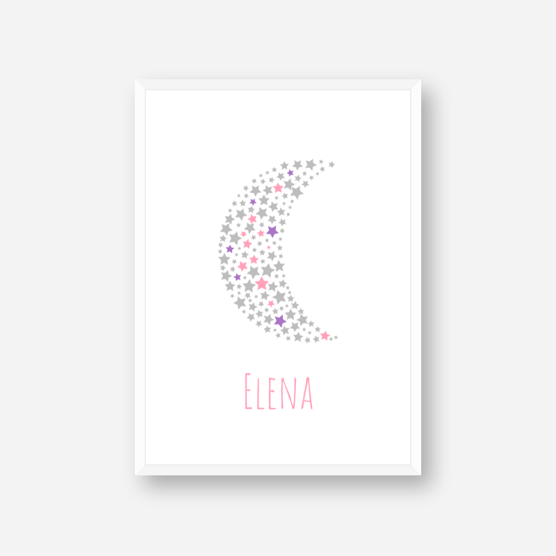 Elena name printable nursery baby room kids room artwork with grey pink and purple stars in moon shape