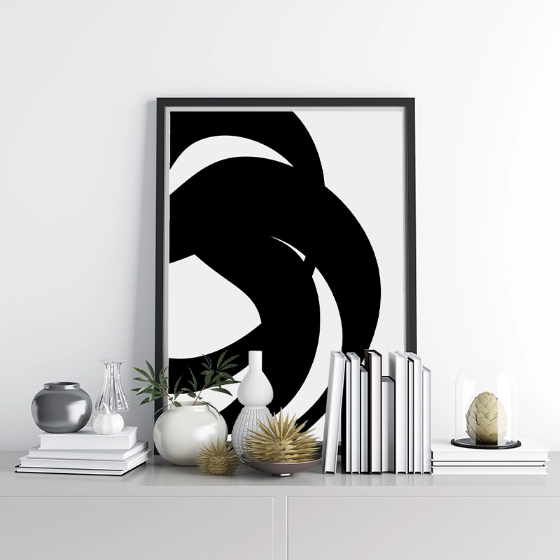 Black abstract shapes with grey background minimalist free downloadable printable wall art, digital print