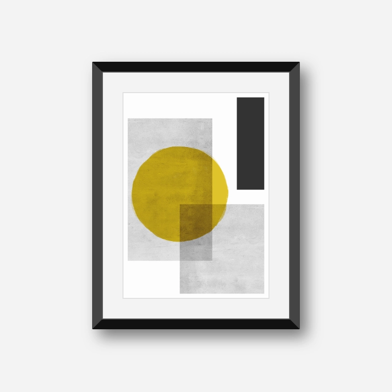 Grey concrete wall and black rectangles with brown watercolour circle abstract geometric wall art, digital print