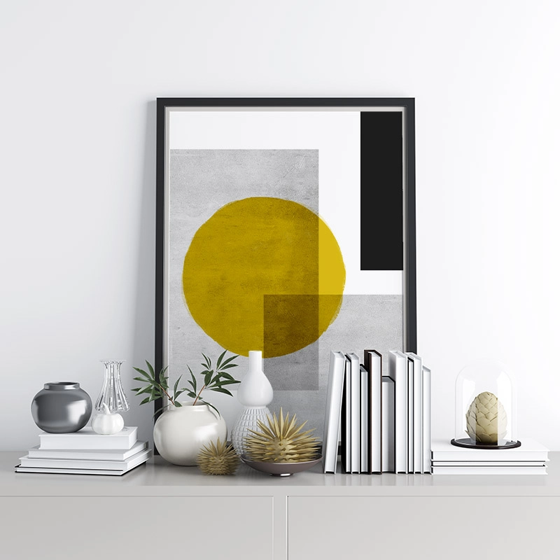 Grey concrete wall and black rectangles with brown watercolour circle abstract geometric wall art, digital print