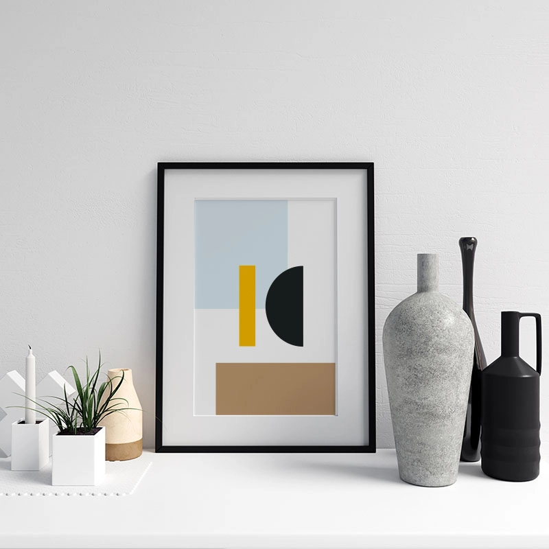 Blue brown yellow and black geometric rectangle half circle abstract minimalist Nordic style free printable wall art, digital print
