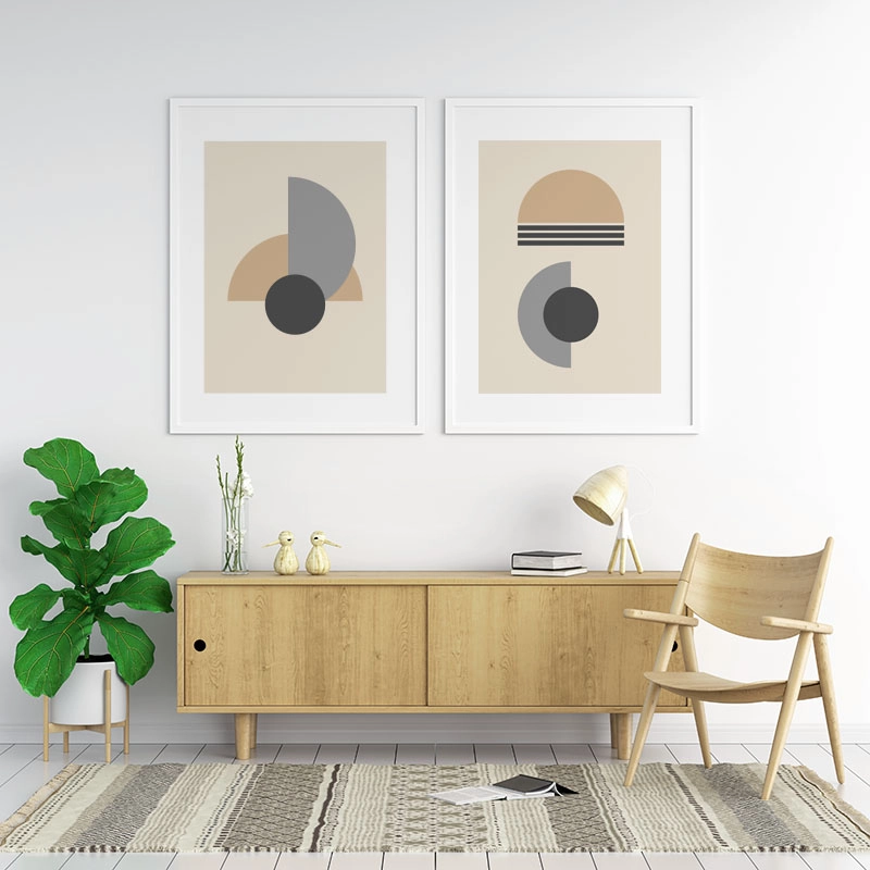 Light brown and grey half circles with charcoal circle abstract minimalist free printable wall art, digital print