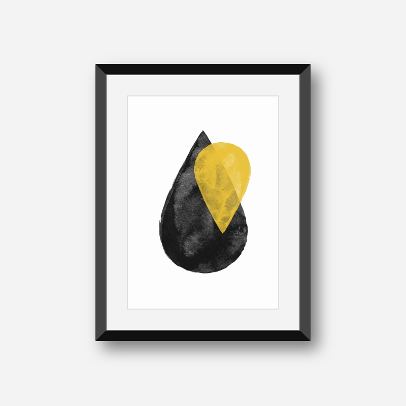 Yellow and black watercolour drops Scandinavian downloadable wall art, digital print