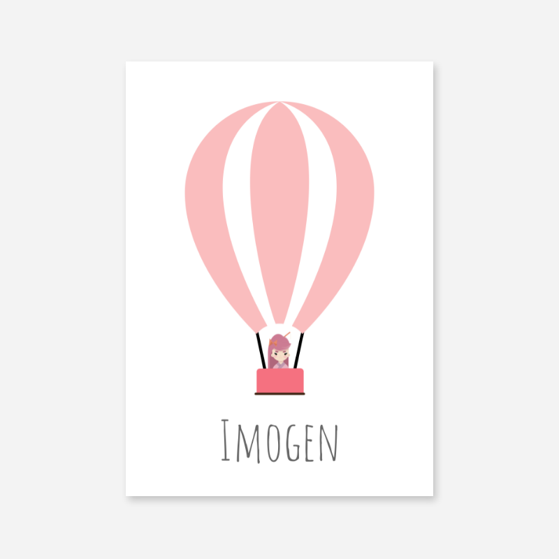 Imogen - Cute kids girls room name art print with a pink hot air balloon and a little girl in the basket