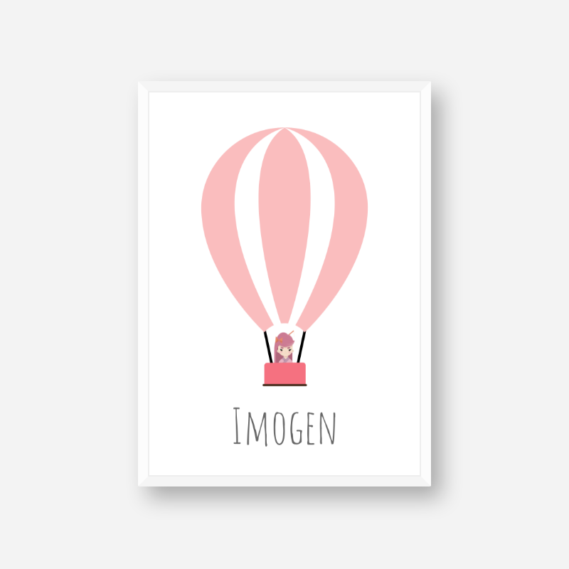 Imogen - Cute kids girls room name art print with a pink hot air balloon and a little girl in the basket