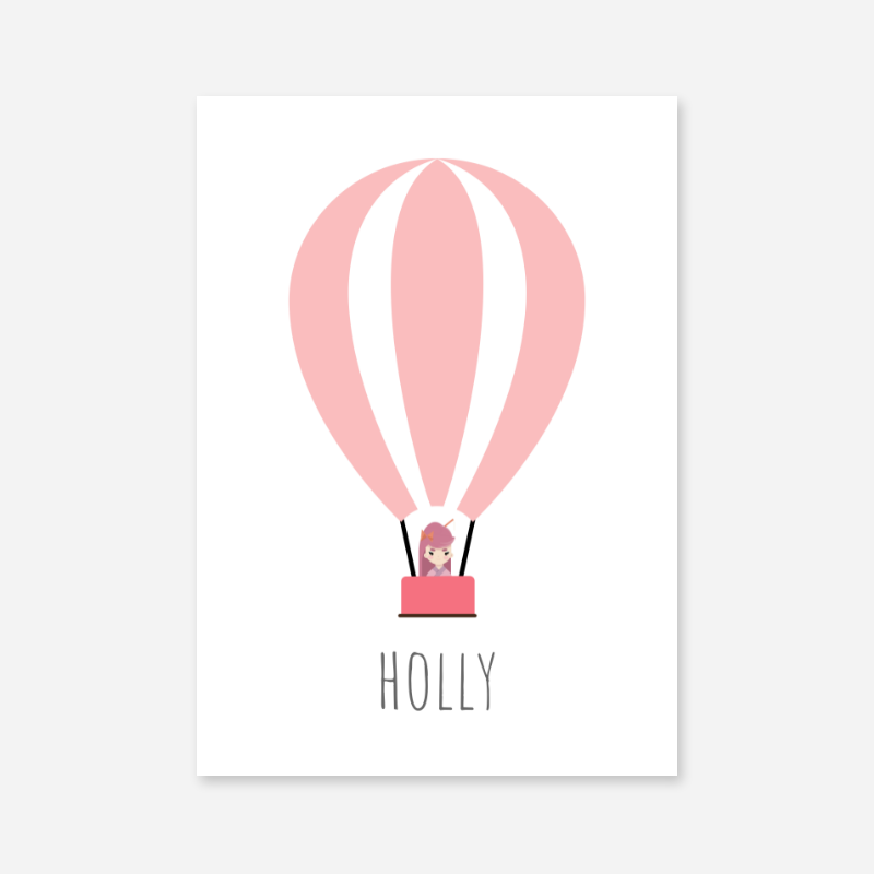 Holly - Cute kids girls room name art print with a pink hot air balloon and a little girl in the basket