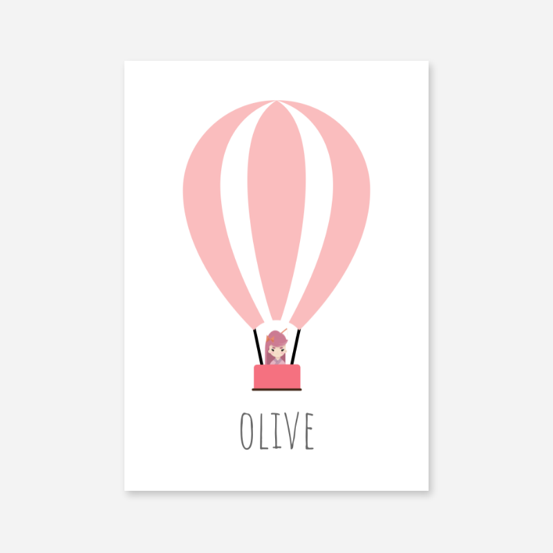 Olive - Cute kids girls room name art print with a pink hot air balloon and a little girl in the basket