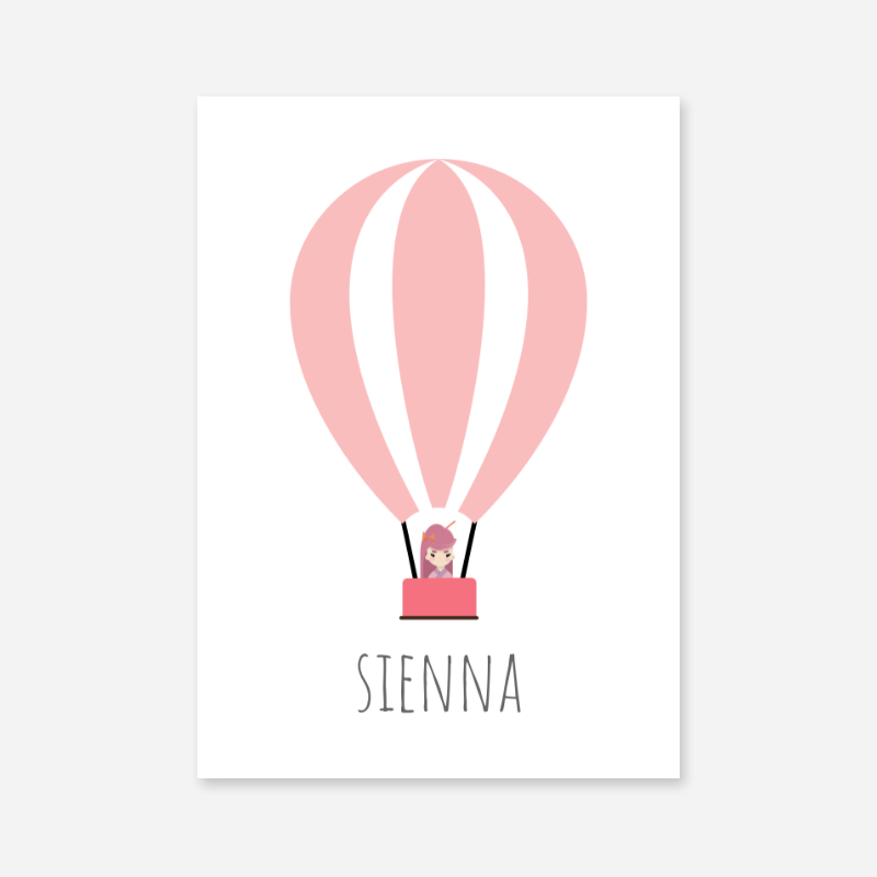 Sienna - Cute kids girls room name art print with a pink hot air balloon and a little girl in the basket