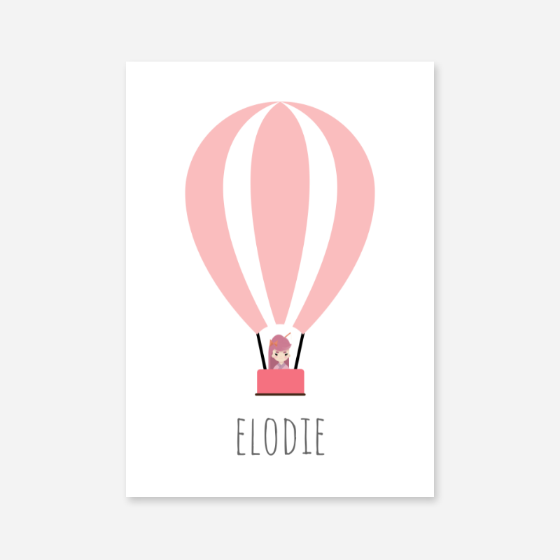 Elodie - Cute kids girls room name art print with a pink hot air balloon and a little girl in the basket