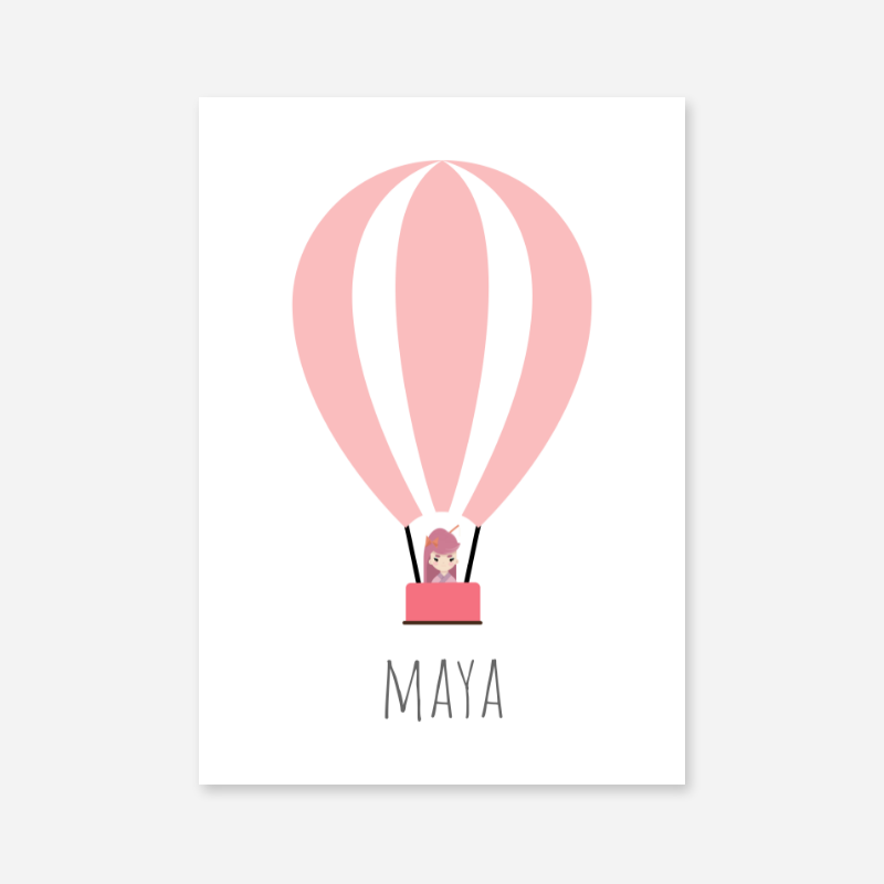 Maya - Cute kids girls room name art print with a pink hot air balloon and a little girl in the basket