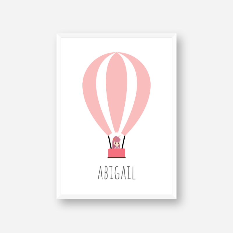 Abigail - Cute kids girls room name art print with a pink hot air balloon and a little girl in the basket