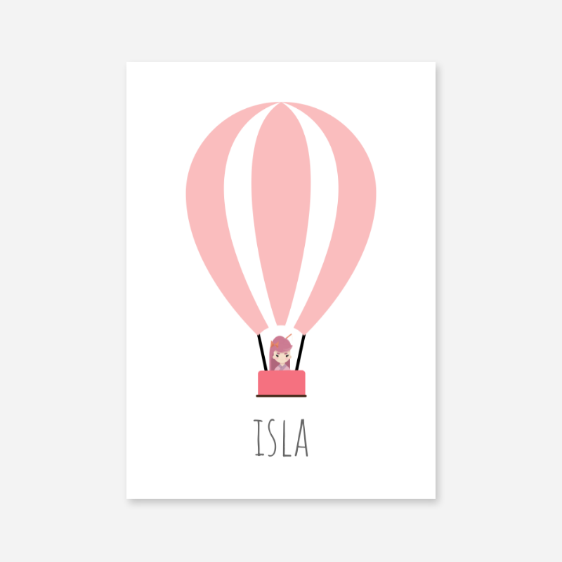 Isla - Cute kids girls room name art print with a pink hot air balloon and a little girl in the basket