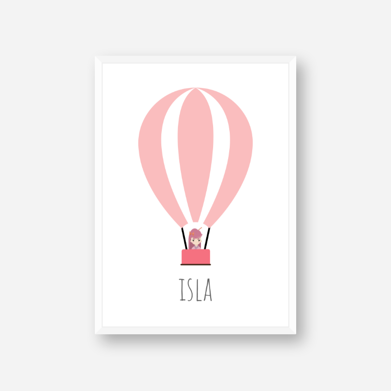 Isla - Cute kids girls room name art print with a pink hot air balloon and a little girl in the basket