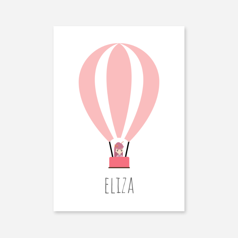 Eliza - Cute kids girls room name art print with a pink hot air balloon and a little girl in the basket