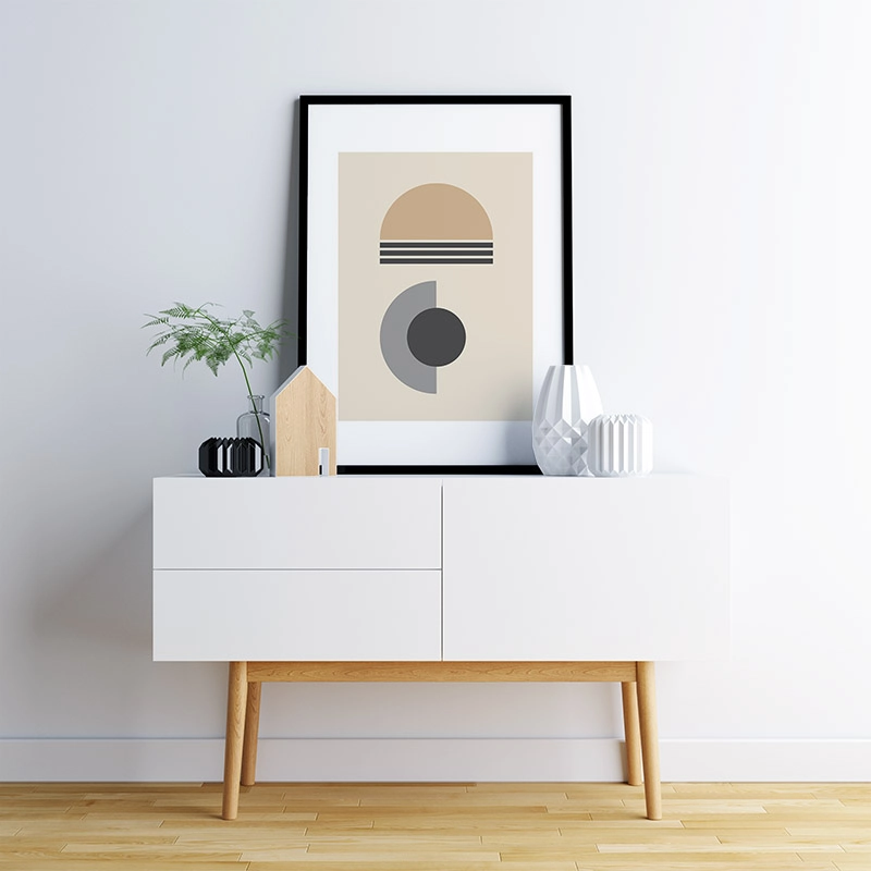 Light brown and grey half circles with charcoal circle and lines abstract minimalist free printable wall art, digital print
