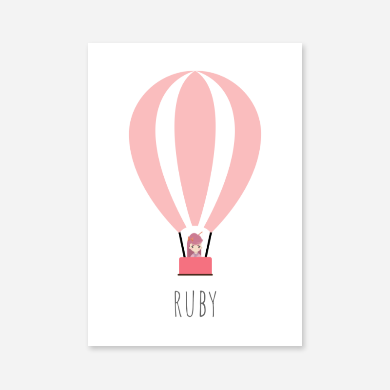 Ruby - Cute kids girls room name art print with a pink hot air balloon and a little girl in the basket