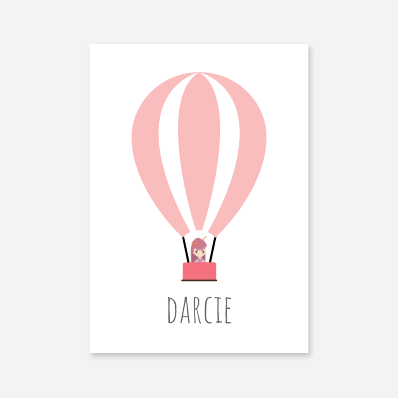 Darcie - Cute kids girls room name art print with a pink hot air balloon and a little girl in the basket