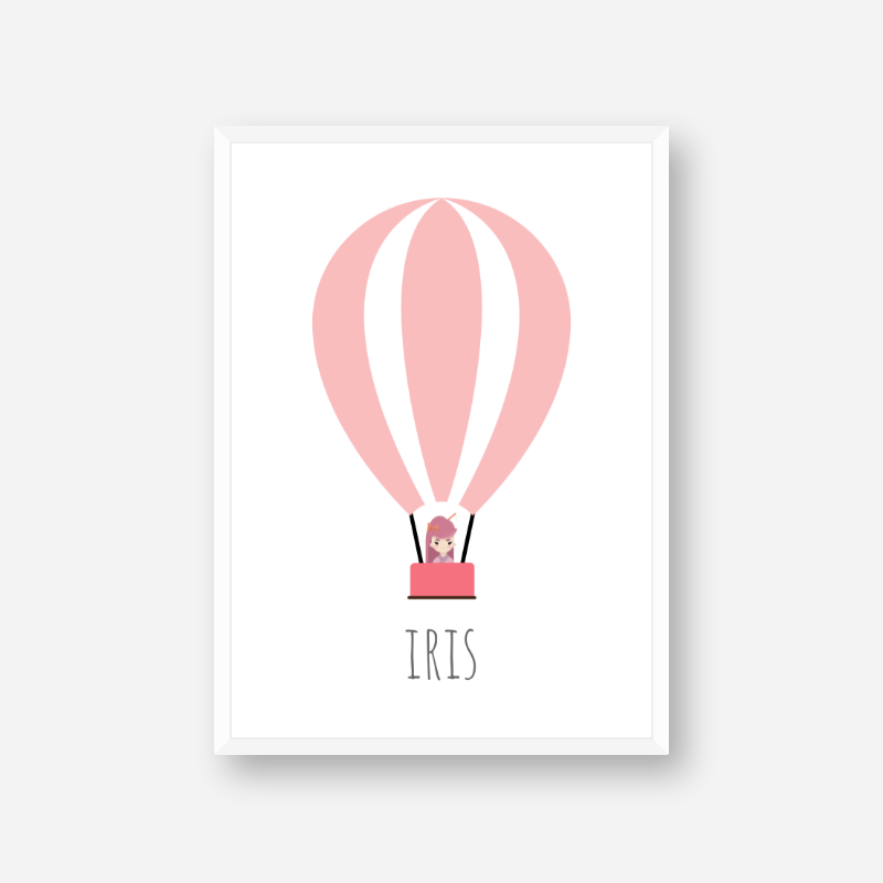 Iris - Cute kids girls room name art print with a pink hot air balloon and a little girl in the basket